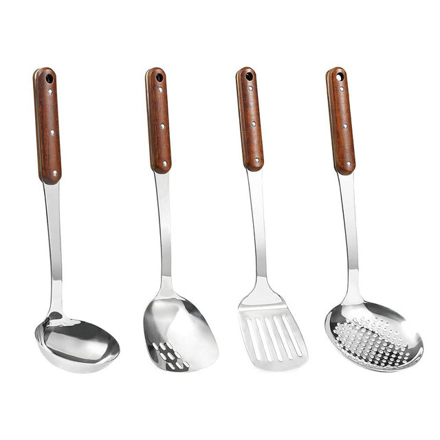 FJNATINH Stainless Steel Wok Spatula,Slotted Spatulas,Ladle,Skimmer Ladle Tool Set,Mirror Polished Cooking Utensils Kitchen Cookware, Pack of 4,Sliver