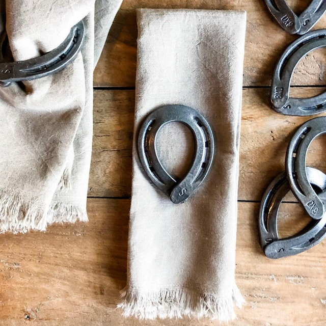 Iron Horseshoe Napkin Rings by Farrier, Kraig Milam. Equestrian Tabletop Style and Decor. Farmhouse Style Kitchen Table. Rustic Farm House.