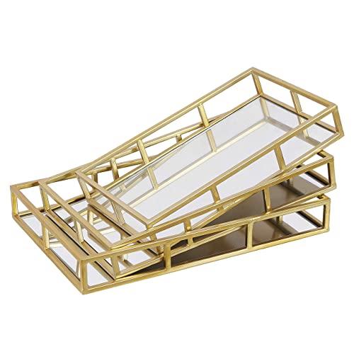 RiteSune 3 Pcs Nesting Gold Mirror Tray, Decorative Jewelry Perfume Trays for Vanity, Dresser, Bathroom, Bedroom Display, can Hold Cosmetics, Makeup, Magazine