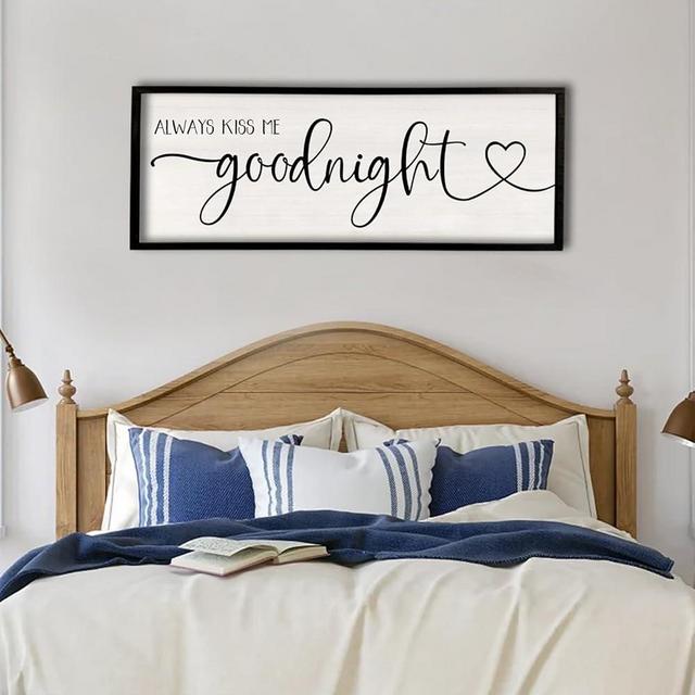 flowtorely Always Kiss Me Goodnight Wall Sign For Master Bedroom Above Bed Wall Decor 32''×12'' Large Rustic Solid Wood Frame For Farmhouse Couples Above bed Wall Art Decoration (Black)