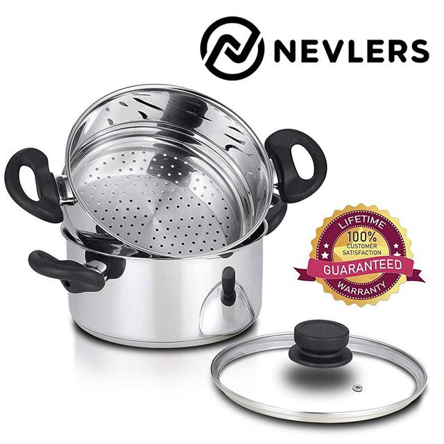 Nevlers Stainless Steel 3 Quart Steamer Pot with 2 Quart Steamer Insert and Glass Vented Lid - 3 piece set - Safe and Durable - Great Addition to Every Kitchen