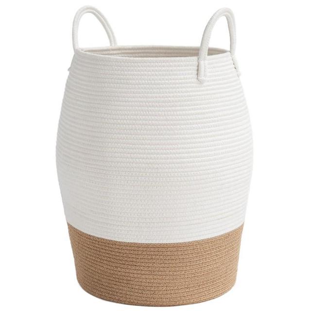 Goodpick Laundry Hamper | Woven Cotton Rope Dirty Clothes Hamper Tall kids Curve Laundry Basket Large, (White Camel, 20.8 x 12.6 Inch)