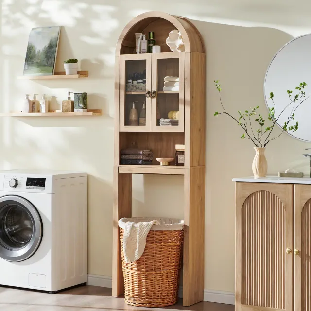 Arched Over The Toilet Storage Cabinet with Acrylic Doors, Bathroom Shelf Organizer, Modern Bathroom Cabinet with Adjustable Shelf, Natural