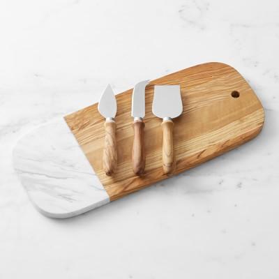 Olivewood & White Marble Rectangular Cheese Board with Cheese Knives