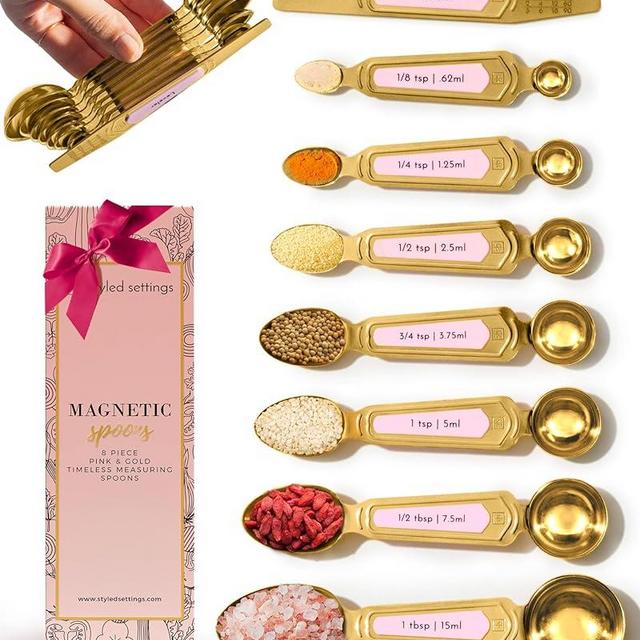 Pink and Gold Magnetic Measuring Spoons Set of 8 - Featuring Upgraded Style, Dual-Sided, Stackable, Stainless Steel, Gold and Pink Measuring Spoons Set - Fits Spice Jars, Pink Kitchen Accessories