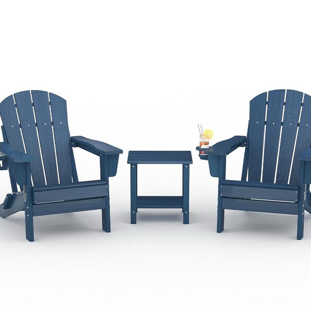 Folding Adirondack Chair Set of 2 with Side Table, All-Weather HDPE Outdoor Chair, Wooden Textured with Cup Holder for patios, Decks, Gardens, fire pits, Navy Blue