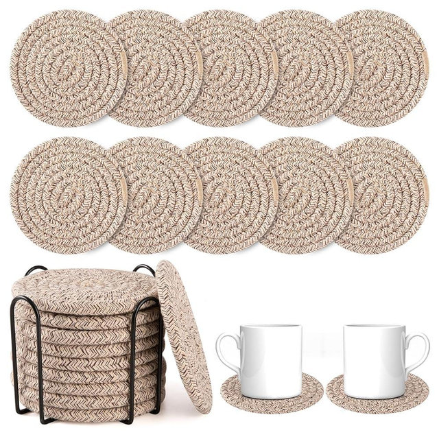 OIAHOMY 10 Pcs Drink Coasters with Holder, Boho Cotton Woven Coaster Set, Absorbent Coaster Protection for Various Cups, Ideal for Coffee Tables Home Decor and Gift, 4.3 Inches,Mixed Brown