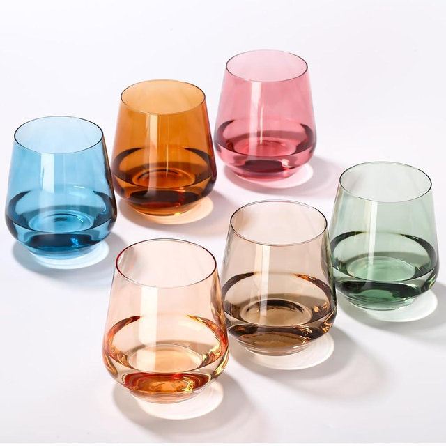 CLUSIVC Colored Stemless Wine Glasses Set of 6 - Colorful Stemless Drinking Glasses 17oz, Stemless Glassware for Beverages and Wine - Set for Holiday Home and Bar Use New Year Gifts