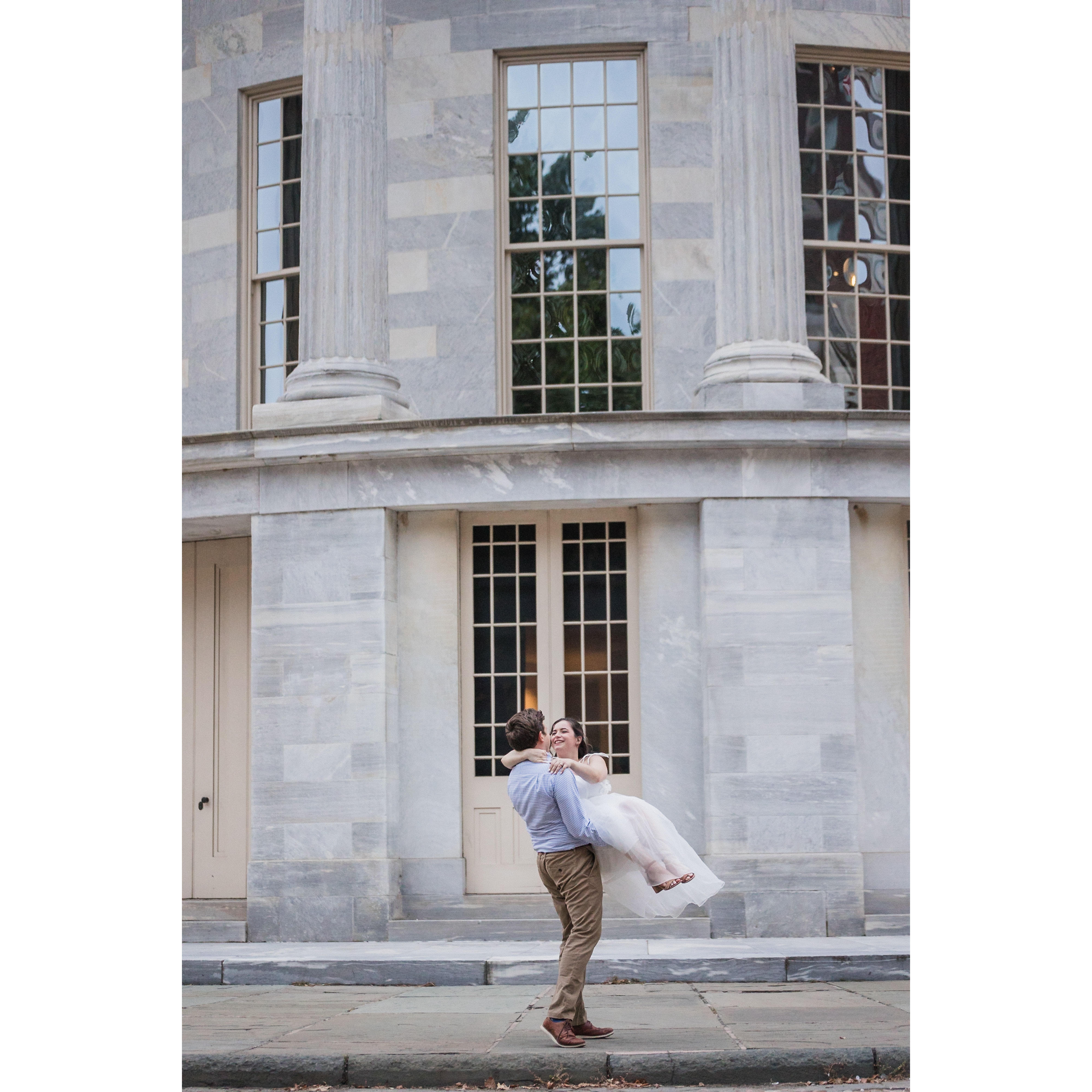 Engagement photos at the Merchant Exchange Building in Philadelphia