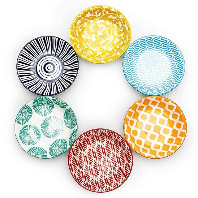 KitchenTour 2.5 Oz Dipping Sauce Bowls, Ceramic Soy Sauce Dish for Seasoning, Sushi, Appetizer, Vinegar, Ketchup, BBQ - Assorted Colorful Design(Set of 6)