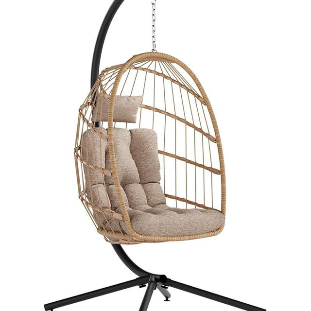 SWITTE Egg Chair Outdoor with Stand, Indoor Wicker Hanging Egg Swing Chair with Cushion, 350lbs Capacity for Patio, Bedroom, Garden - Cream