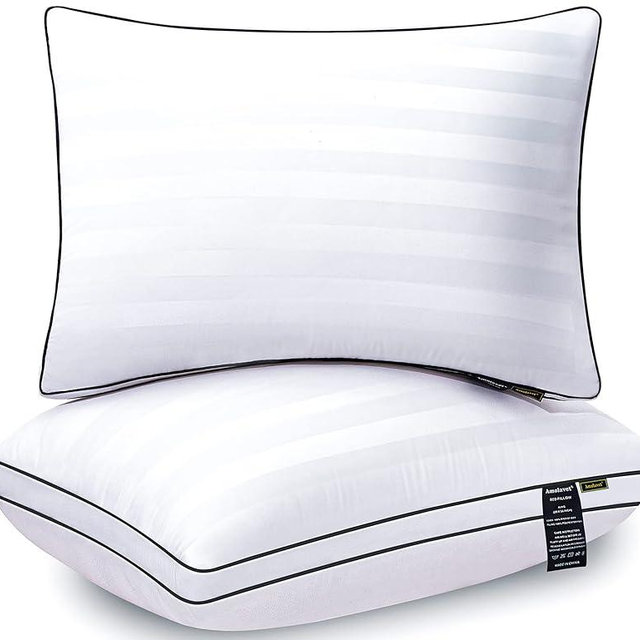 Amolavet King Size Pillows Set of 2 Medium Firm 20x36 White Striped Cover with Black Piping - Hotel Collection King Pillows 2 Pack Filled with Fluffy Down Alternative Microfiber