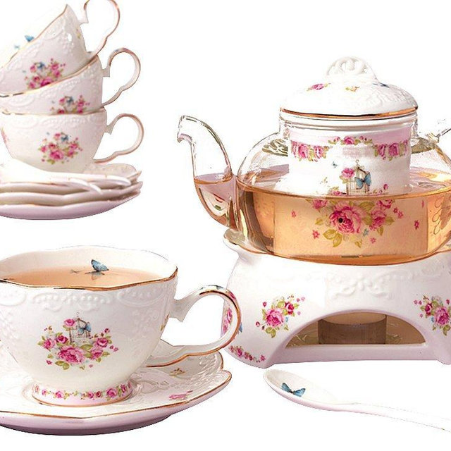 Jusalpha Fine China Flower Series Tea Sets-Tea Cup Saucer Set with Teapot Warmer- Filter and Spoon, 16pcs in 1 set (16pcs set)