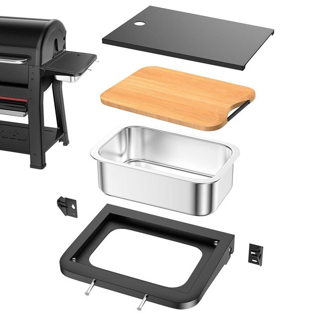 Utheer Grill Side Table Shelf for Weber Searwood 600/600XL – Foldable BBQ Prep Station with Works Cutting Board, Stainless Steel Basin, Lid & Hooks, Side Table for Weber Searwood 600 Accessories