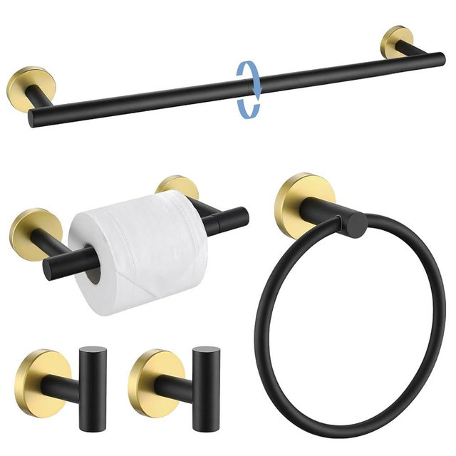 5 Pieces Black and Gold Round Towel Bar Set Bathroom Hardware Accessories Set Upgraded Toilet Paper Holder Towel Racks Set for Bathroom Stainless Steel Wall Mounted 23.6 in