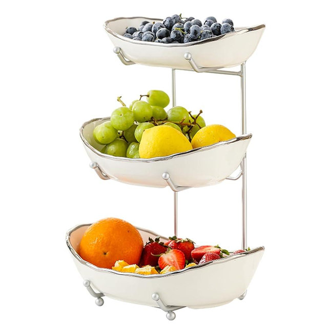 HOMKULA Ceramic Fruit Bowl for Kitchen Counter - 3 Tier Fruit Basket with Metal Stand, Tiered Fruit Stand for Countertop, Snack, Nuts, Cake, Dessert, Small & Cute (Silver-rimmed)