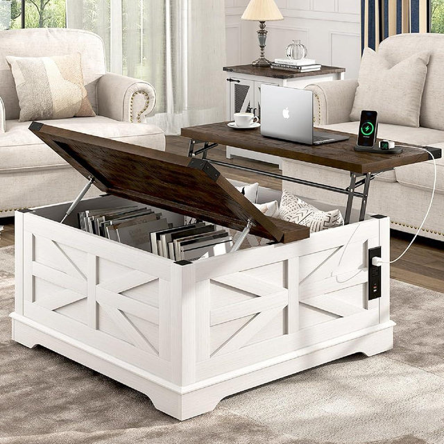 Hlivelood 36" Farmhouse Movable Lift Top Coffee Table with Storage and Power Outlets, Square Wood Living Room Tables with Wheels&Large Hidden Space, Lift Wooden Barn Door Center Table, White