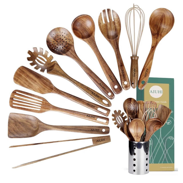 Kitchen Utensils Set with Holder,Kitchen Wooden Utensils for Cooking, Wood Utensil Natural Teak Wood Spoons for Cooking,Wooden Kitchen Utensil Set With Spatula and Ladle (11)