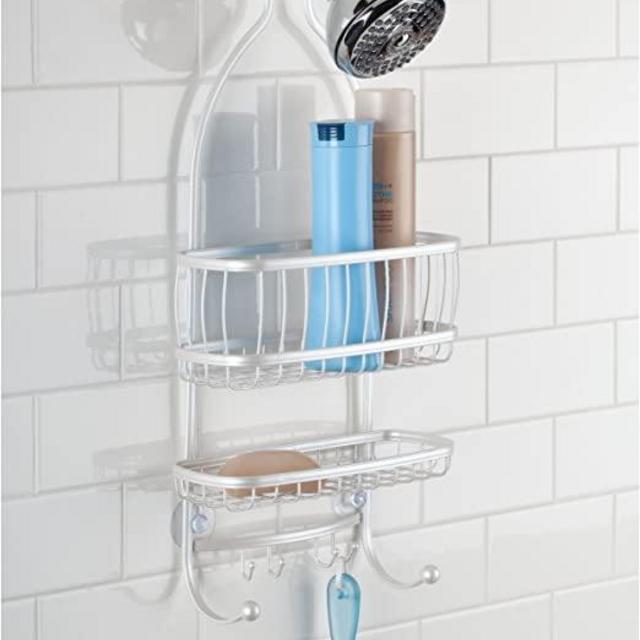 iDesign - 61974 York Metal Wire Hanging Shower Caddy, Extra Wide Space for Shampoo, Conditioner, and Soap with Hooks for Razors, Towels, and More, 10" x 4" x 22", Pearl White