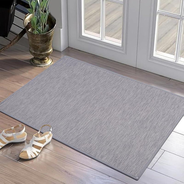 LYGLIGH Ultra Thin Door Mat Indoor Entrance, Non-Slip Rubber Backing Low-Profile Front Door Mats, Washable, Fade Resistant, Absorbent Entryway Rug Inside Entry, 35''x24'', Gray(Rolled-up No Creases)