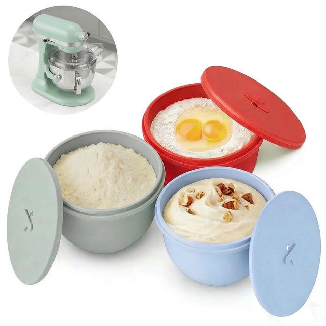 Omoiyari Premium MultiColors 3-Pack Silicone Bowl Liners with Lids for KitchenAid 7-Qt Bowl-Lift (Only), 2mm Extra-Thick Silicone, Odour-Free,Air Valves for Dough Proofing,Dishwasher Safe, BPA Free