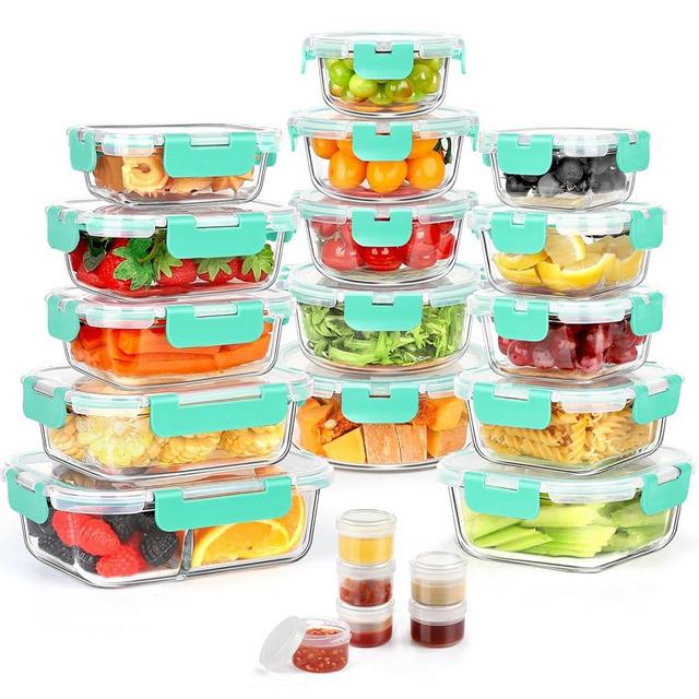 AMALEKO 42pcs Glass Food Storage Containers with Snap Locking Lids Set, Glass Meal Prep Containers (21 Containers & 21 Lids Include One 2 Compartments),Leak Proof Lunch Containers BPA-Free,Green