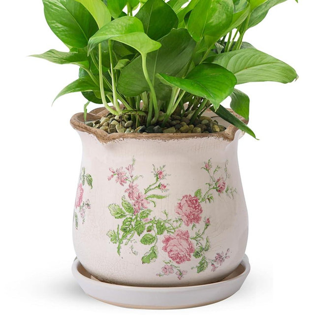 Xoogifae Ceramic-Planters-for-Indoor-Plants with Saucer, 6 inch Vintage Ice Crack Glaze Plant Pots with Drainage Holes, Decorative Flower Pots for Outdoor Garden Home Decor, Tuscan Pot for Plant