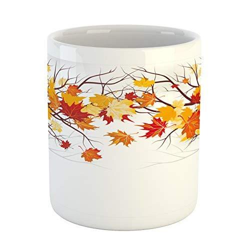 Ambesonne Fall Mug, Image of Canadian Maple Tree Leaves in Autumn Season with Soft Reflection Effects, Ceramic Coffee Mug Cup for Water Tea Drinks, 11 oz, White Orange