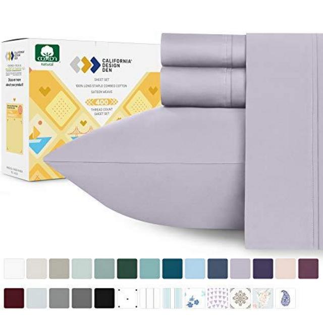 Best Quality 400-Thread-Count 100% Pure Cotton Sheets - 4-Piece Lavender Grey Queen Size Sheet Set, Long-Staple Combed Cotton Bed Sheets for Bed, Fits Mattress 16'' Deep Pocket, Soft Sateen Weave