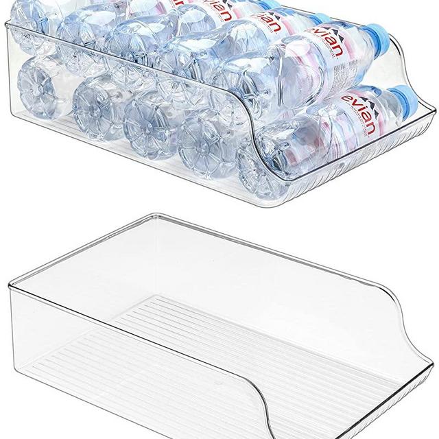 Puricon 2 Pack Water Bottle Dispenser Organizer for Refrigerator, Clear Plastic 16.9oz Water Bottle Container Storage Bin for Fridge Freezer Pantry Cabinet Kitchen -for Water Bottle