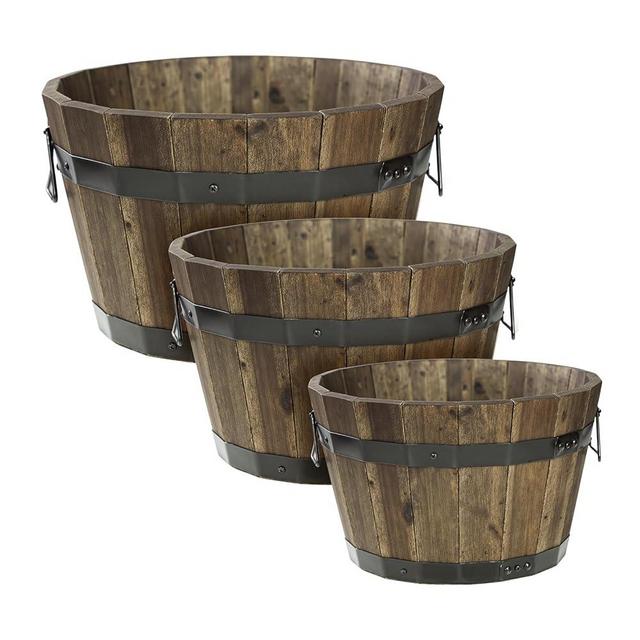 IDZO Set of 3 Wooden Flower Planters for Outdoor Plants, Acacia Wood Barrel Planters, Ergonomic Handles, Drainage Holes, Various Sizes, Walnut