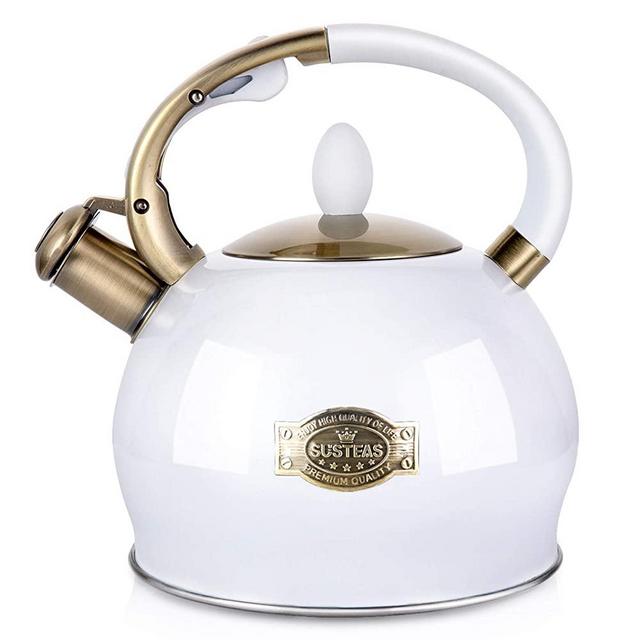 SUSTEAS White Stove Top Whistling Tea Kettle-Surgical Stainless Steel Teakettle Teapot with Cool Toch Ergonomic Handle,1 Free Silicone Pinch Mitt Included, 2.64 Quart