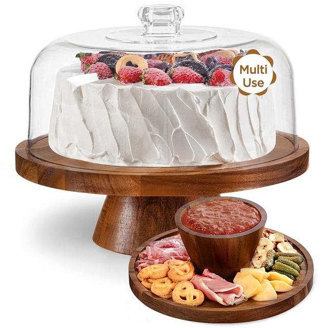 HBlife Cake Stand with Lid Multifunctional Cake Stand with Glass Dome Acacia Wood 6-in-1 Cake Plate Display Stand with Cover for Baking Gifts, Birthday Kitchen Parties, Weddings
