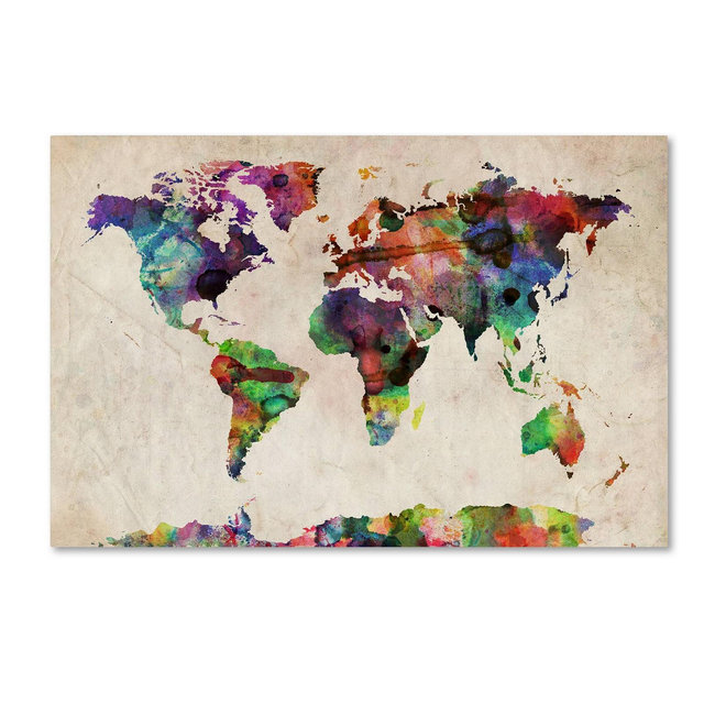 22" x 32" Urban Watercolor World Map by Michael Tompsett - Trademark Fine Art