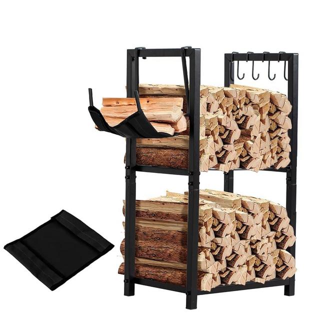 LOENIY Indoor Firewood Rack with Kindling Hooks & Mat, 32’’ Firewood Holder in 2-Layer Design, Small Log Holders for Firewood Indoor bear up to 180lb, Firewood Storage Rack for Fireplace Deck