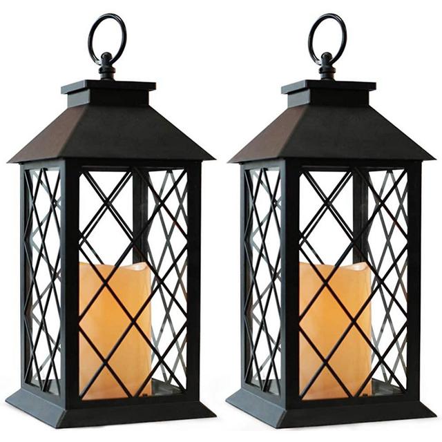 Bright Zeal 2-Pack 14" Vintage Candle Lantern With LED Flickering Flameless Candle (Black, 6hr Timer) - Battery Powered Candle Lantern Outdoor - Decorative Hanging Lantern For Patio - Tabletop Lantern