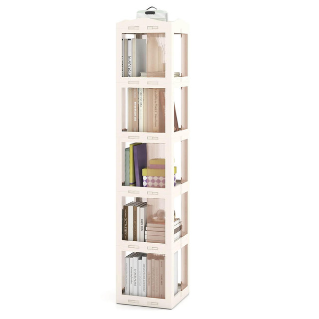 Costway 360° Spinning Bookcase with Swivel Base, 5-Tier Revolving Bookshelf Tower for Study