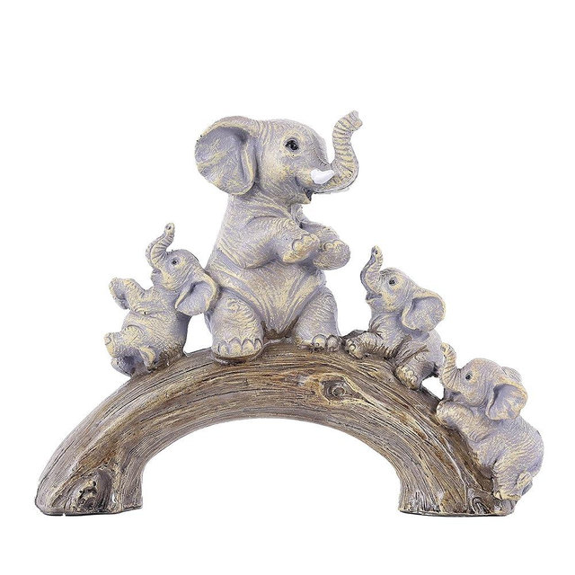 suruim Cute Elephant Statues - Good Luck Elephant and Her Three Children Playing on a Log Bridge for Living Room, Bedroom, Office Decor (Brown)
