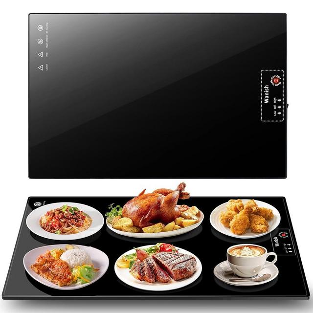 Food Warmer（Large 22”x14”） with Thermostat and 78" Power Cord，Warming Mat for Food，Electric Warming Tray with 2 Temperature Modes for Parties Buffet，Gatherings，Heat Resistant Glass，Black