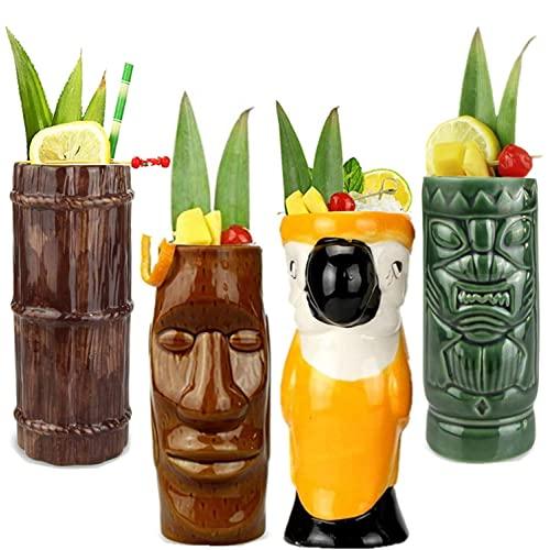 Tiki Mugs Cocktail Set of 4 - Ceramic Hawaiian Party Mugs Drinkware, Cute Exotic Cocktail Glasses, Tiki Bar Professional Hawaiian Party Barware, TKSET0001