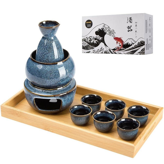 DUJUST 11 pcs Japanese Sake Set for 6, Kiln Altered Glaze Porcelain Sake Set, 6 Sake Cups, 1 Sake Bottle, 1 Warmer, 1 Candle Stove, 1 Tray & 1 Box, Warm Sake Carafe, Special Japanese Gifts Set - Blue