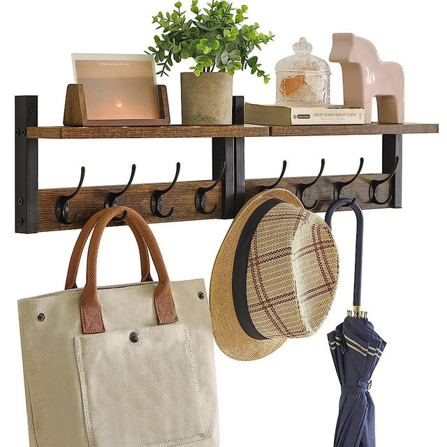 YMYNY Coat Rack Shelf Wall Mounted, Coat Hooks Set of 2, Entryway Coat Hanger with 4 Double Hooks, 31.5" Wall Floating Shelf with Hat Rack, for Kitchen, Bedroom, Bathroom, Rustic Brown HWS001H-2