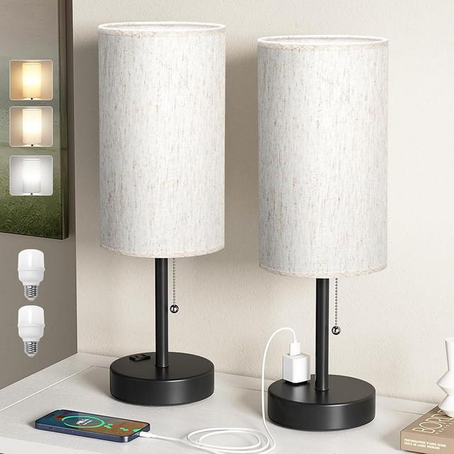 Plus Bedside Table Lamps Set of 2 - 3 Color Temperatures Pull Chain Lamp with AC Outlet Charging Port, Two Round Night Stand Lamps for Bedroom Guest Room Office, Bed Side Light with E26 LED Bulbs