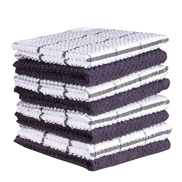Amour Infini Cotton Terry Kitchen Dish Cloths Set of 8 (12 x 12 Inches), Gray