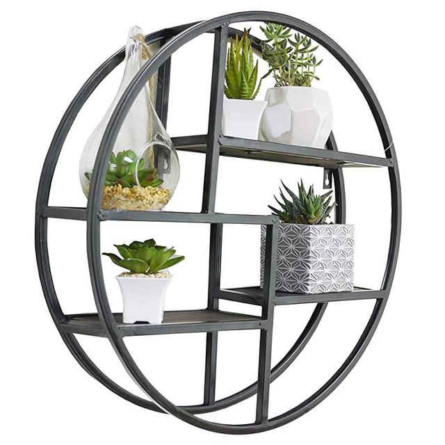 Admired By Nature, Black Round Wall-Mounted Iron Hanging Storage Floating Shelves, ABN5E094S-BLK