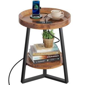 WLIVE Small Round Side Table with Charging Station, Round Coffee Table, 2 Tier End Table for Living Room/Bedroom, Sofa Couch, Easy to Assemble, Wood Tabletop & Metal Frame, Rustic Brown