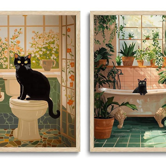 WOKAOGO 2 Piece Framed Wall Art Cat Wall Decor Animal Canvas Art Botanical Pictures Funny Paintings Cute Prints Boho Artwork for Kids Bathroom Restroom