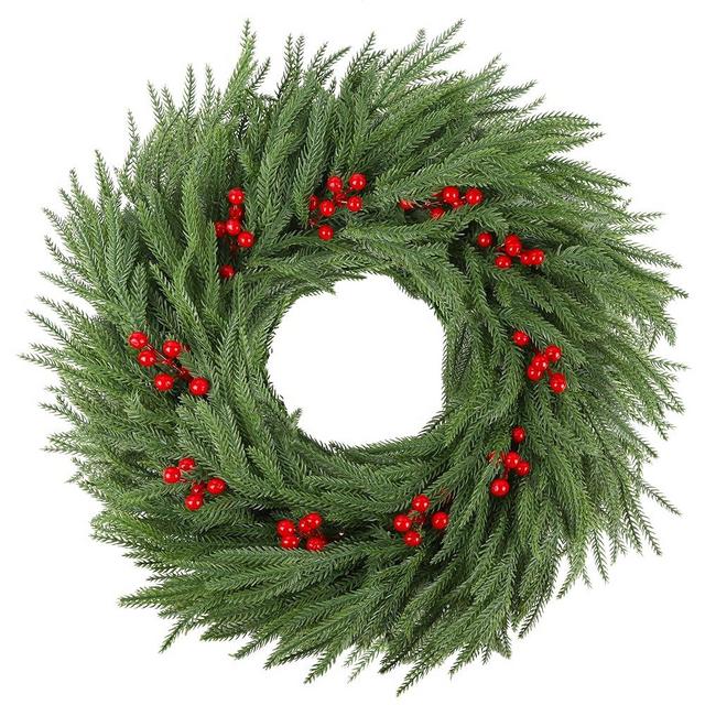 DR.DUDU Norfolk Pine Christmas Wreaths for Front Door - 24 Inch Artificial Greenery Wreath with Red Berries for Outdoor Indoor Xmas Holiday Decor, Farmhouse Winter Decorations