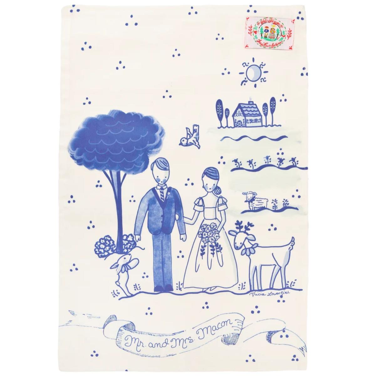 Tricia Lowenfield Blue and White Wedding Tea Towel- PERSONALIZED