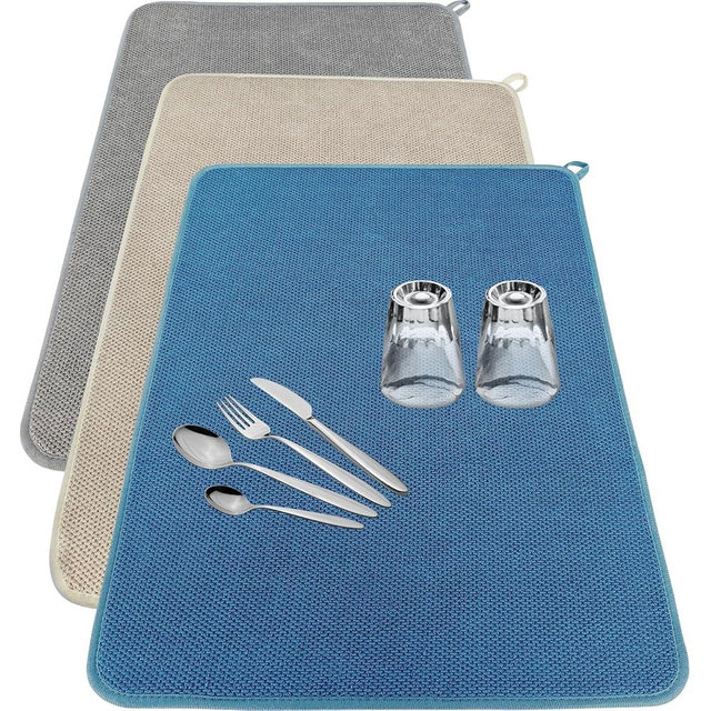 3 Pack Microfiber Dish Drying Mats,Ultra Absorbent Dish Drainer Mats,20x15" Large Size Kitchen Quick Dry Pads for Counter,Under Sink,Coffee Rack(Blue,Beige,Gray)
